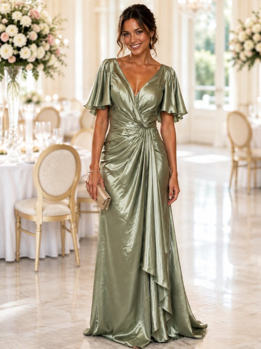 Satin Sage Green Faux Wrap Maxi Dress with Draped Waist NWT Plus 16